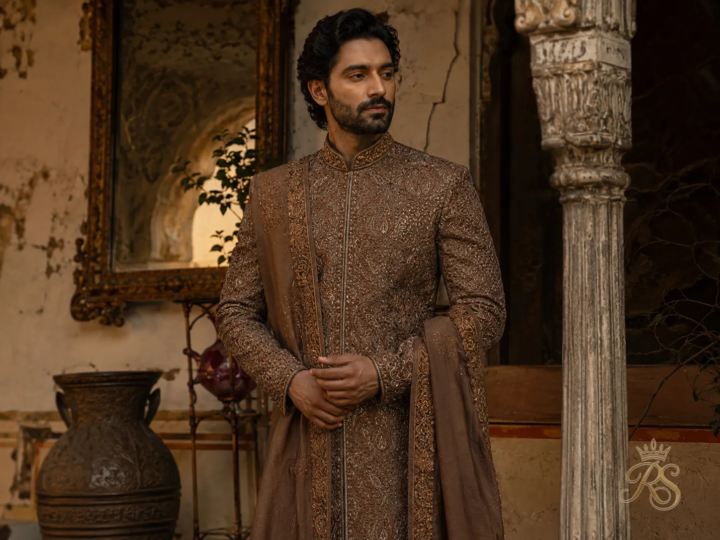 Textured sherwani look with earthy richness and heritage-inspired styling